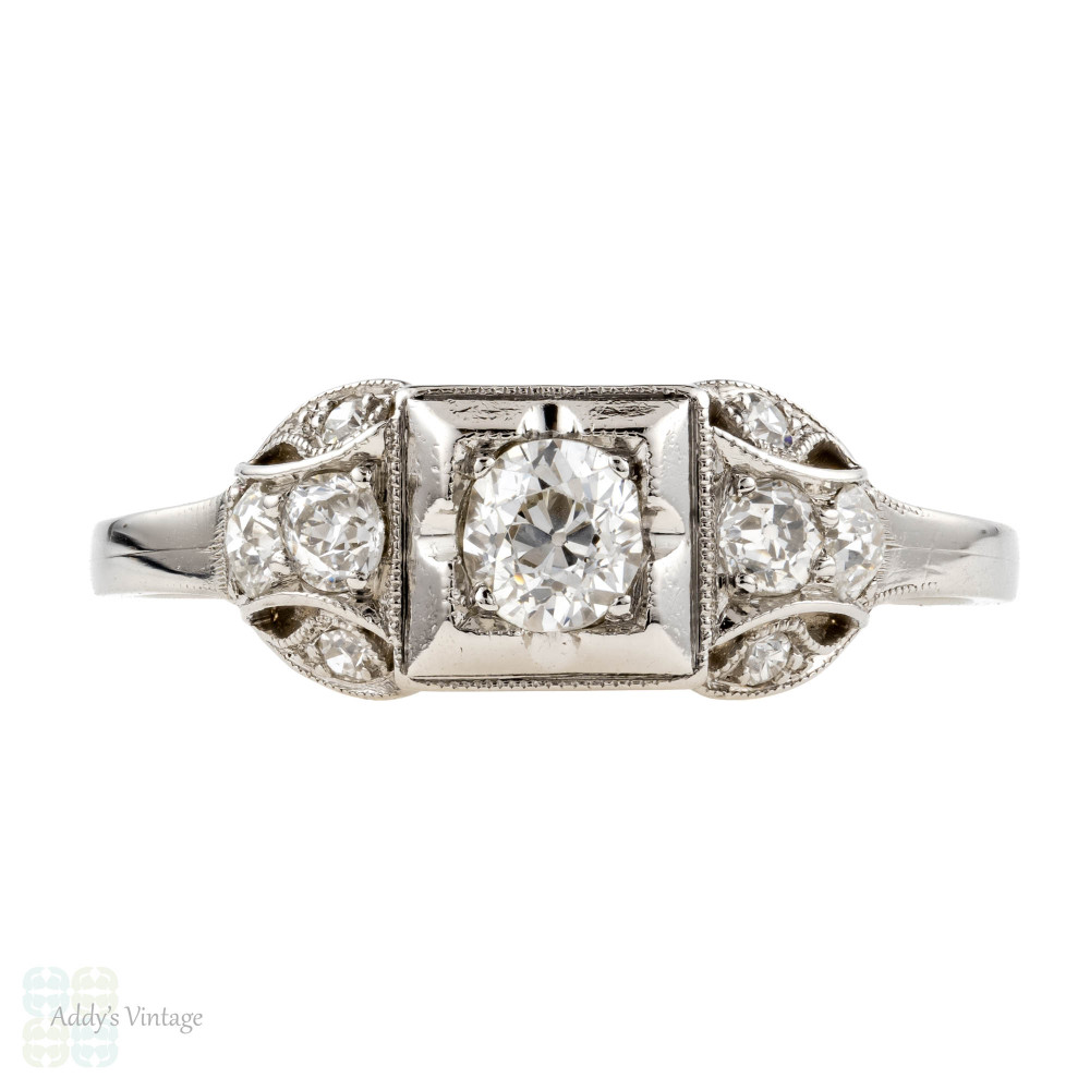 Platinum Stepped Diamond Engagement Ring, Vintage 1920s Art Deco Old European Cut Ring.